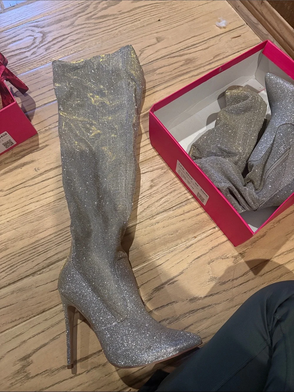 Silver Glitter Over-the-Knee Stiletto Boots - Women's